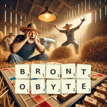 Creative illustration for a Scrabble game with the word BRONTOBYTE spelled out in tiles on the board.