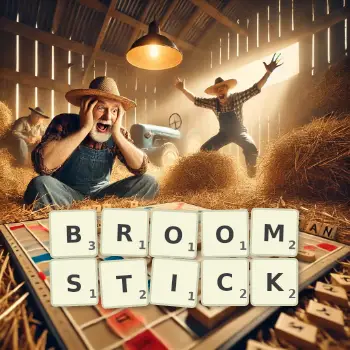 Creative illustration for a Scrabble game with the word BROOMSTICK spelled out in tiles on the board.