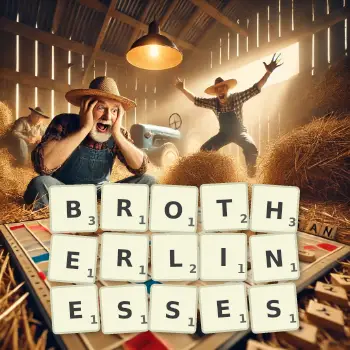 Creative illustration for a Scrabble game with the word BROTHERLINESSES spelled out in tiles on the board.