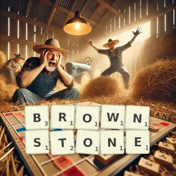 Creative illustration for a Scrabble game with the word BROWNSTONE spelled out in tiles on the board.