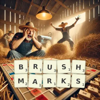 Creative illustration for a Scrabble game with the word BRUSHMARKS spelled out in tiles on the board.