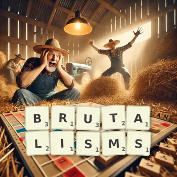 Creative illustration for a Scrabble game with the word BRUTALISMS spelled out in tiles on the board.