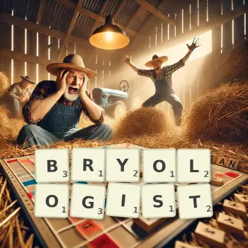 Creative illustration for a Scrabble game with the word BRYOLOGIST spelled out in tiles on the board.