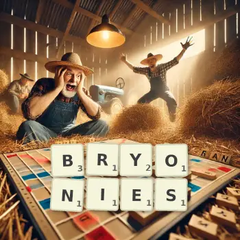 Creative illustration for a Scrabble game with the word BRYONIES spelled out in tiles on the board.