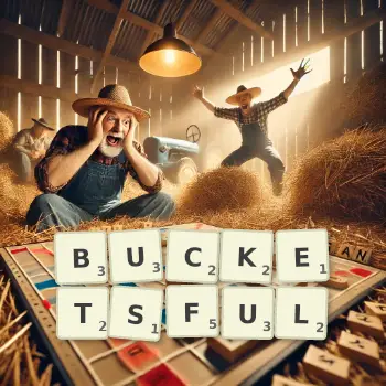 Creative illustration for a Scrabble game with the word BUCKETSFUL spelled out in tiles on the board.