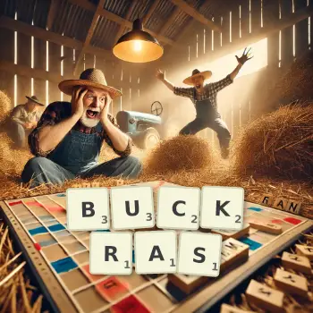 Creative illustration for a Scrabble game with the word BUCKRAS spelled out in tiles on the board.