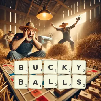 Creative illustration for a Scrabble game with the word BUCKYBALLS spelled out in tiles on the board.