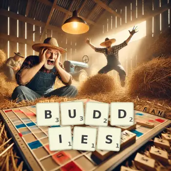 Creative illustration for a Scrabble game with the word BUDDIES spelled out in tiles on the board.