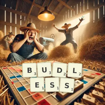 Creative illustration for a Scrabble game with the word BUDLESS spelled out in tiles on the board.