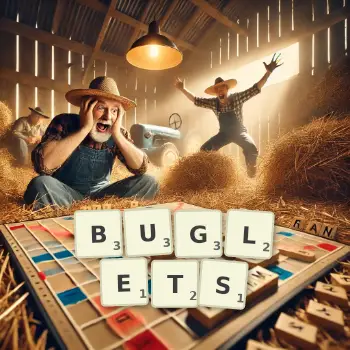 Creative illustration for a Scrabble game with the word BUGLETS spelled out in tiles on the board.