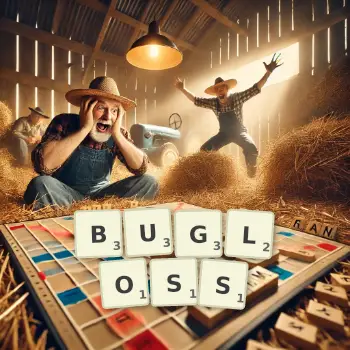 Creative illustration for a Scrabble game with the word BUGLOSS spelled out in tiles on the board.