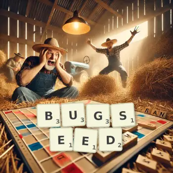 Creative illustration for a Scrabble game with the word BUGSEED spelled out in tiles on the board.