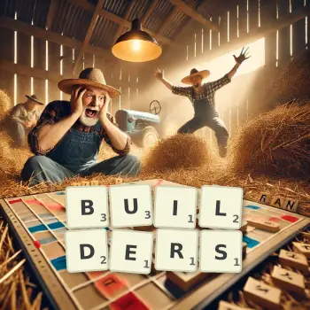 Creative illustration for a Scrabble game with the word BUILDERS spelled out in tiles on the board.