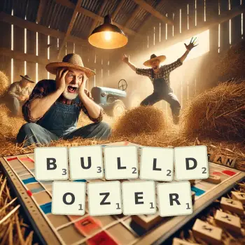 Creative illustration for a Scrabble game with the word BULLDOZER spelled out in tiles on the board.