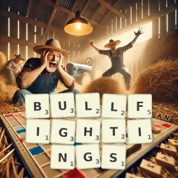 Creative illustration for a Scrabble game with the word BULLFIGHTINGS spelled out in tiles on the board.