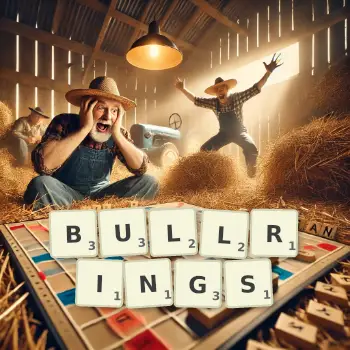 Creative illustration for a Scrabble game with the word BULLRINGS spelled out in tiles on the board.