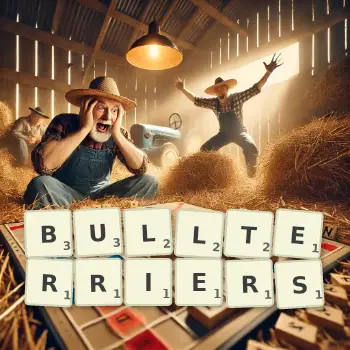 Creative illustration for a Scrabble game with the word BULLTERRIERS spelled out in tiles on the board.