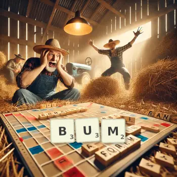Creative illustration for a Scrabble game with the word BUM spelled out in tiles on the board.