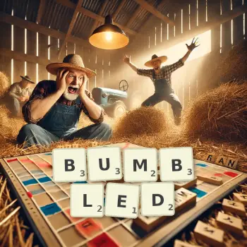 Creative illustration for a Scrabble game with the word BUMBLED spelled out in tiles on the board.