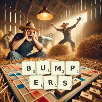 Creative illustration for a Scrabble game with the word BUMPERS spelled out in tiles on the board.