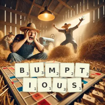 Creative illustration for a Scrabble game with the word BUMPTIOUS spelled out in tiles on the board.