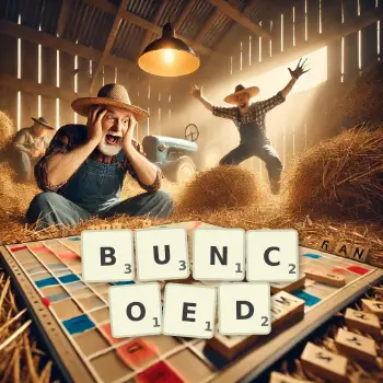 Creative illustration for a Scrabble game with the word BUNCOED spelled out in tiles on the board.