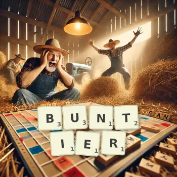 Creative illustration for a Scrabble game with the word BUNTIER spelled out in tiles on the board.