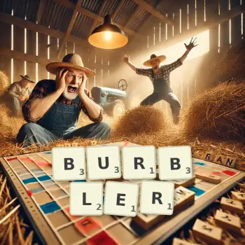 Creative illustration for a Scrabble game with the word BURBLER spelled out in tiles on the board.