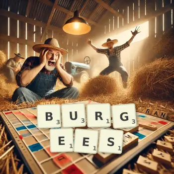 Creative illustration for a Scrabble game with the word BURGEES spelled out in tiles on the board.