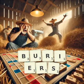 Creative illustration for a Scrabble game with the word BURIERS spelled out in tiles on the board.