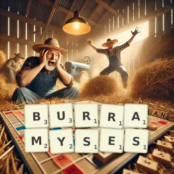 Creative illustration for a Scrabble game with the word BURRAMYSES spelled out in tiles on the board.