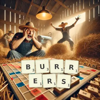 Creative illustration for a Scrabble game with the word BURRERS spelled out in tiles on the board.