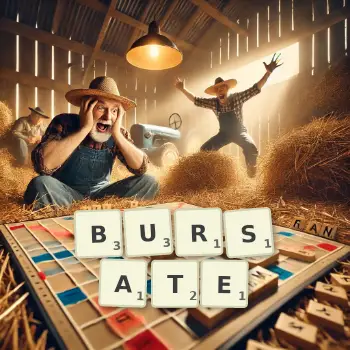 Creative illustration for a Scrabble game with the word BURSATE spelled out in tiles on the board.