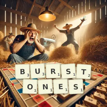 Creative illustration for a Scrabble game with the word BURSTONES spelled out in tiles on the board.