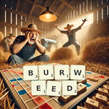 Creative illustration for a Scrabble game with the word BURWEED spelled out in tiles on the board.