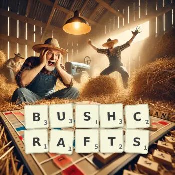 Creative illustration for a Scrabble game with the word BUSHCRAFTS spelled out in tiles on the board.