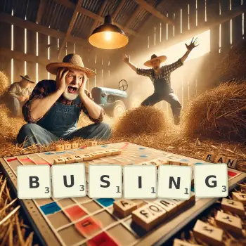 Creative illustration for a Scrabble game with the word BUSING spelled out in tiles on the board.