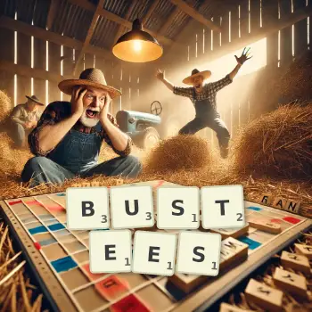 Creative illustration for a Scrabble game with the word BUSTEES spelled out in tiles on the board.