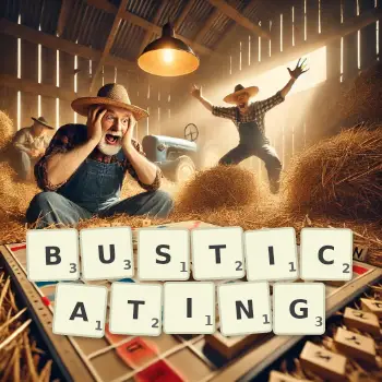 Creative illustration for a Scrabble game with the word BUSTICATING spelled out in tiles on the board.
