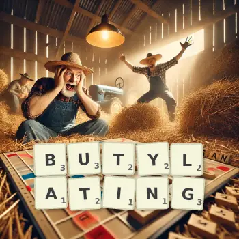 Creative illustration for a Scrabble game with the word BUTYLATING spelled out in tiles on the board.