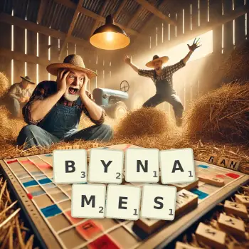 Creative illustration for a Scrabble game with the word BYNAMES spelled out in tiles on the board.