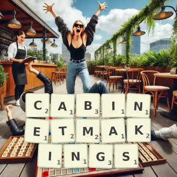 Creative illustration for a Scrabble game with the word CABINETMAKINGS spelled out in tiles on the board.