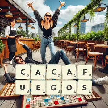 Creative illustration for a Scrabble game with the word CACAFUEGOS spelled out in tiles on the board.