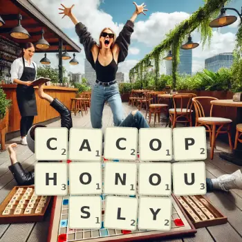 Creative illustration for a Scrabble game with the word CACOPHONOUSLY spelled out in tiles on the board.