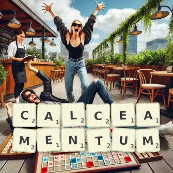 Creative illustration for a Scrabble game with the word CALCEAMENTUM spelled out in tiles on the board.