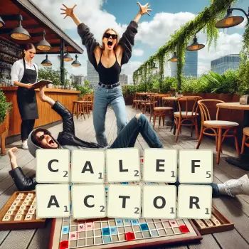 Creative illustration for a Scrabble game with the word CALEFACTOR spelled out in tiles on the board.