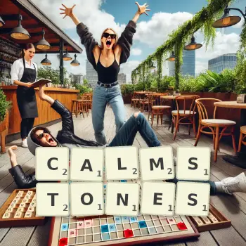 Creative illustration for a Scrabble game with the word CALMSTONES spelled out in tiles on the board.