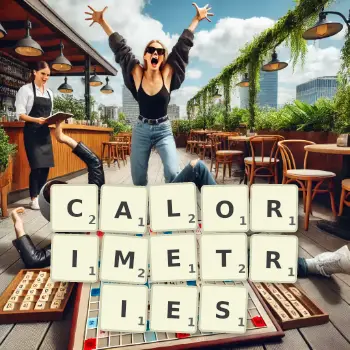 Creative illustration for a Scrabble game with the word CALORIMETRIES spelled out in tiles on the board.