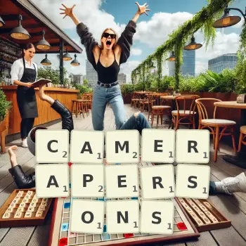 Creative illustration for a Scrabble game with the word CAMERAPERSONS spelled out in tiles on the board.