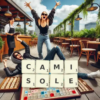 Creative illustration for a Scrabble game with the word CAMISOLE spelled out in tiles on the board.